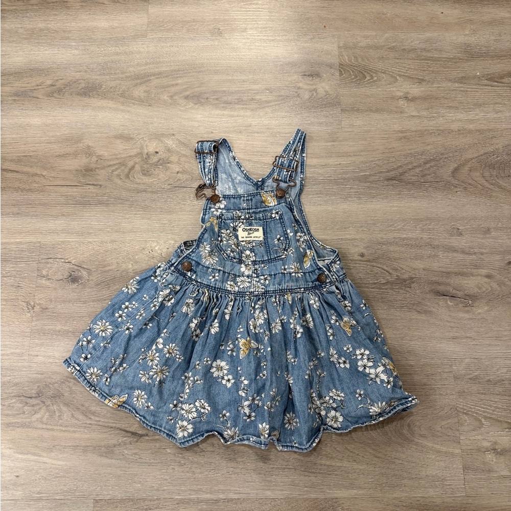 OshKosh B'gosh Denim Floral Overall Dress in Blue with White & Yellow Flowers